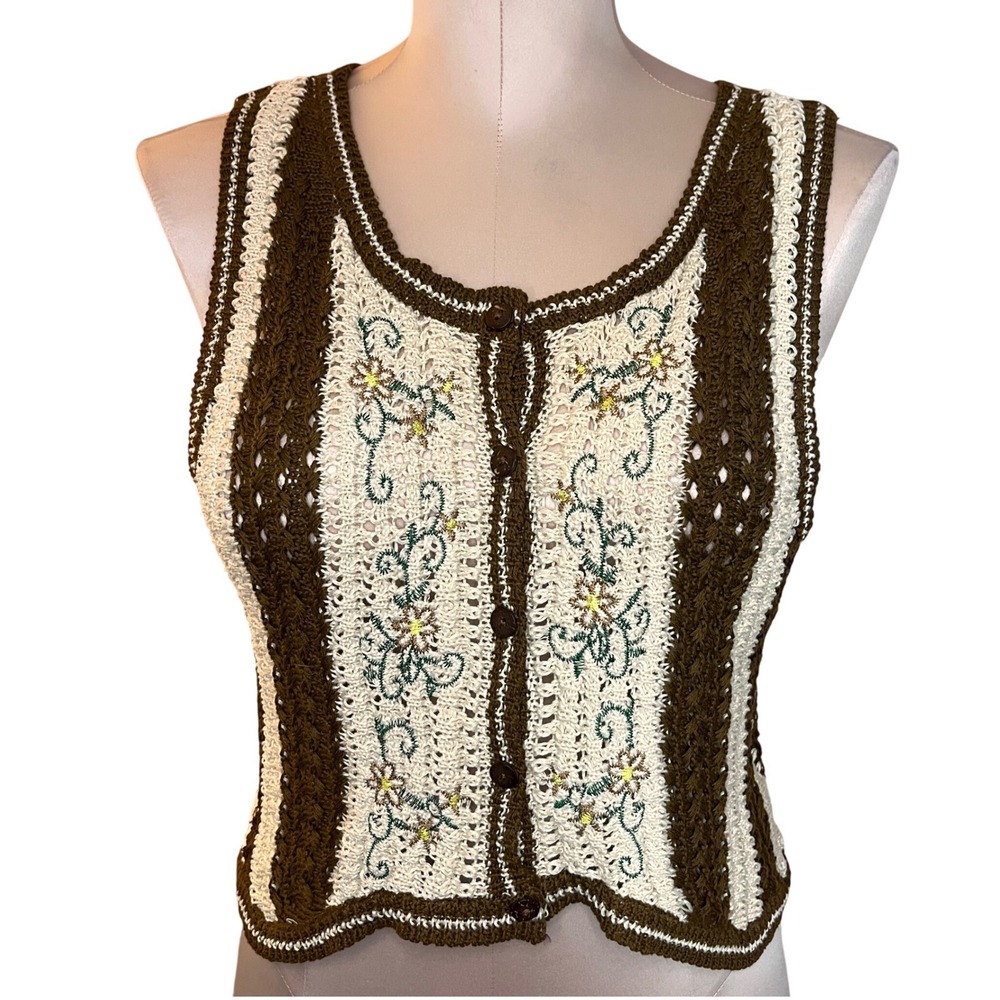 Brown Cream Crochet Knit Embroidered Floral Button Up Vest Top Womens M Festival